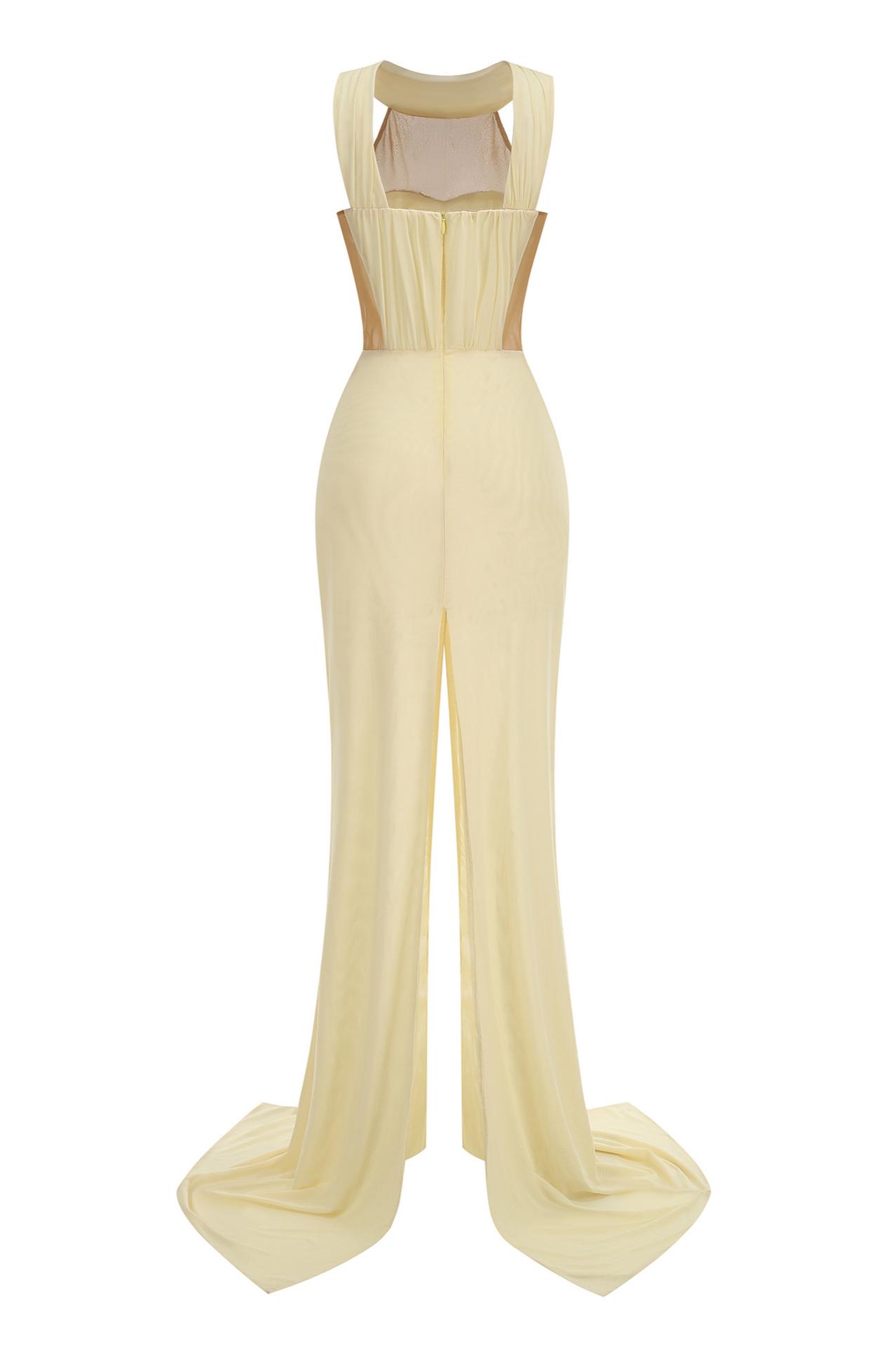 Mesh Ruched Slit Maxi Dress