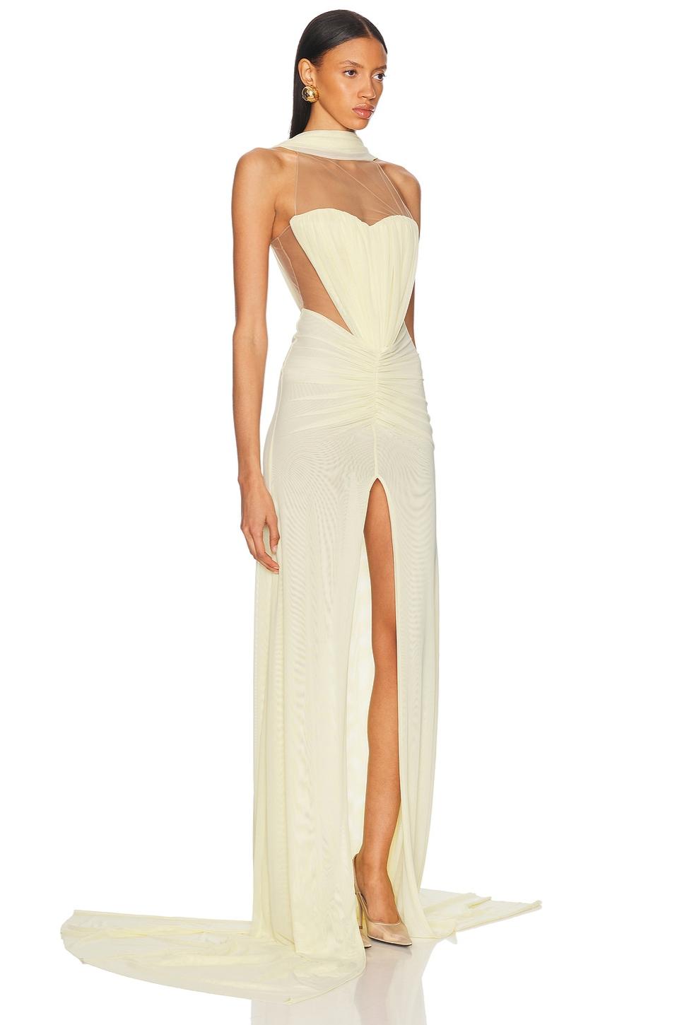 Mesh Ruched Slit Maxi Dress