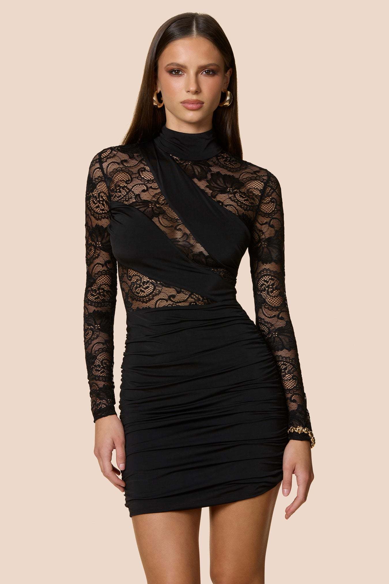 Lace Long Sleeve Asymmetrical Mini Dress