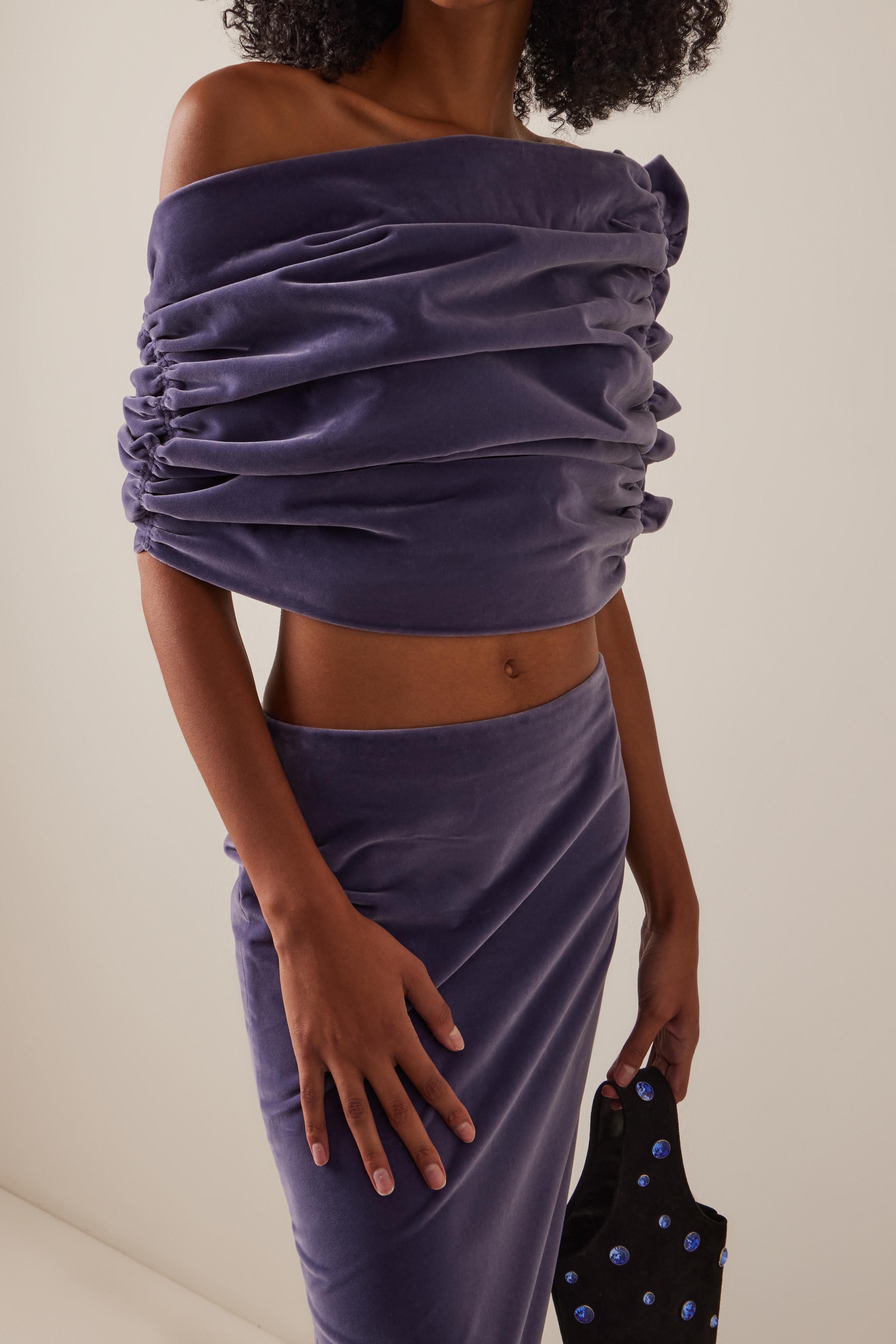 Velvet Pleated Off-Shoulder Top & Low Waist Maxi Skirt Set