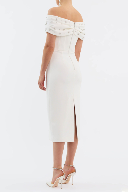 Solid Rhinestone Off-Shoulder Midi Dress