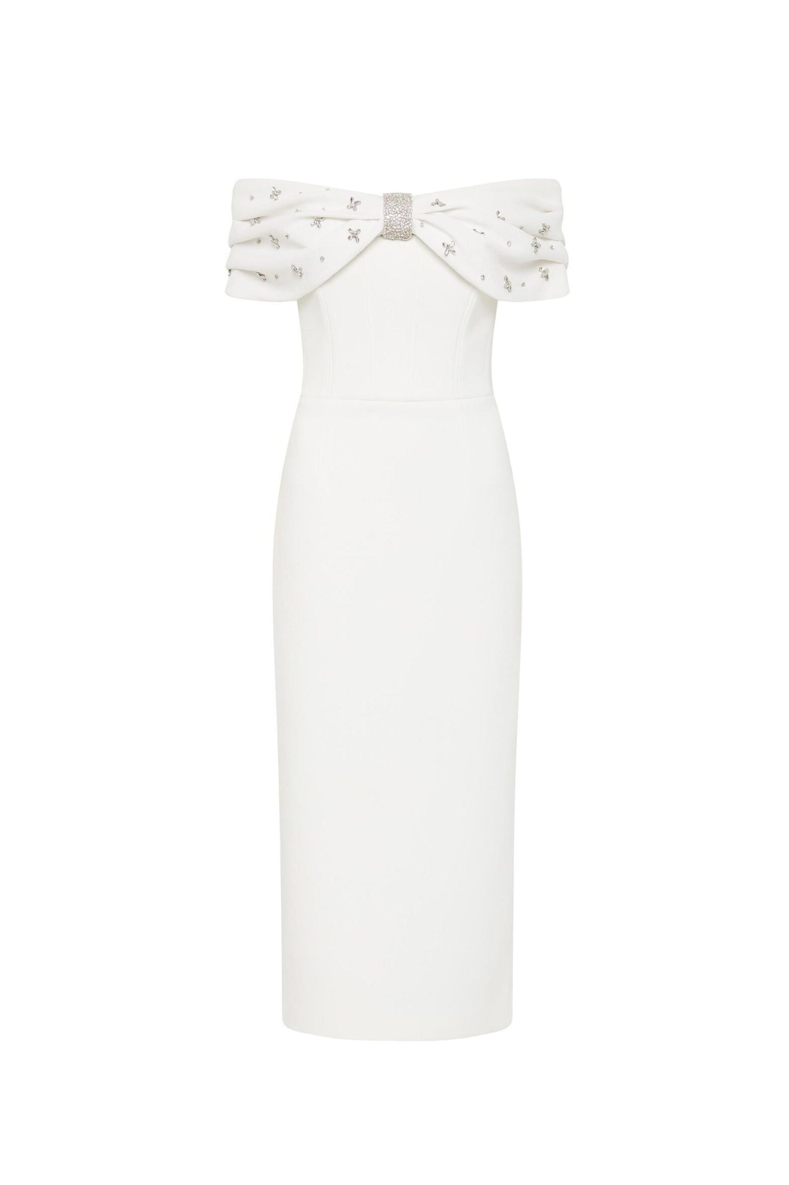 Solid Rhinestone Off-Shoulder Midi Dress