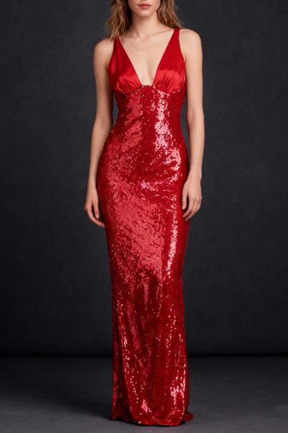 Satin Splicing Sequin V-Neck Maxi Dress