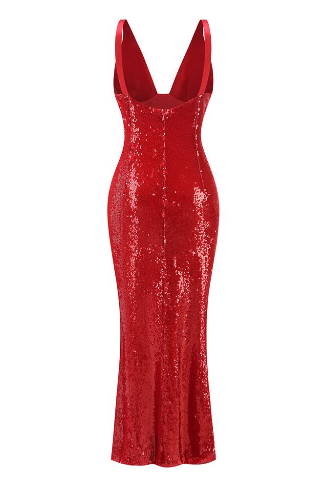 Satin Splicing Sequin V-Neck Maxi Dress
