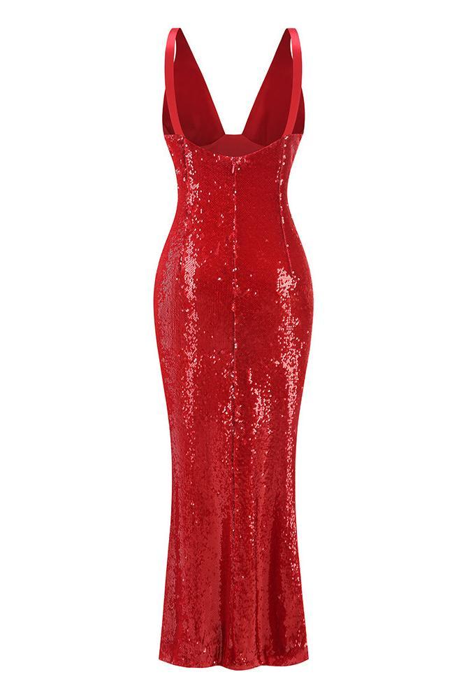 Satin Splicing Sequin V-Neck Maxi Dress