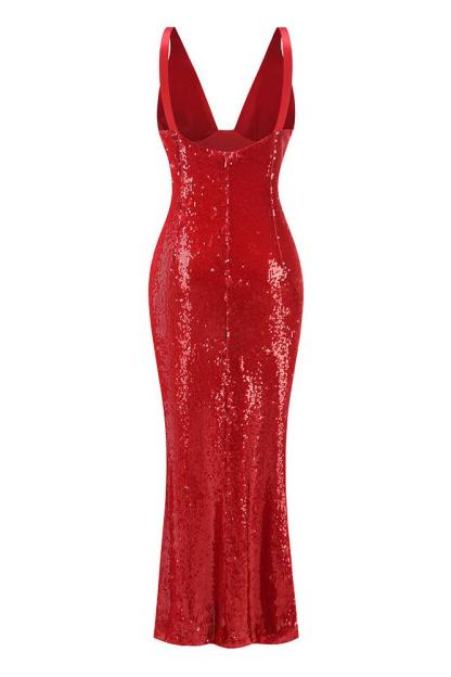 Satin Splicing Sequin V-Neck Maxi Dress