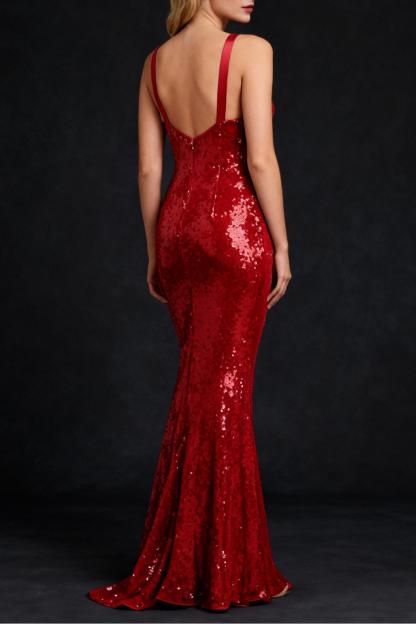 Satin Splicing Sequin V-Neck Maxi Dress