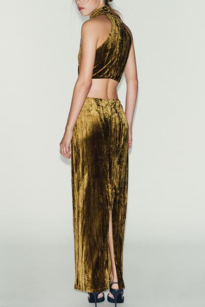 Velvet Halter Neck Cut-Out Maxi Dress