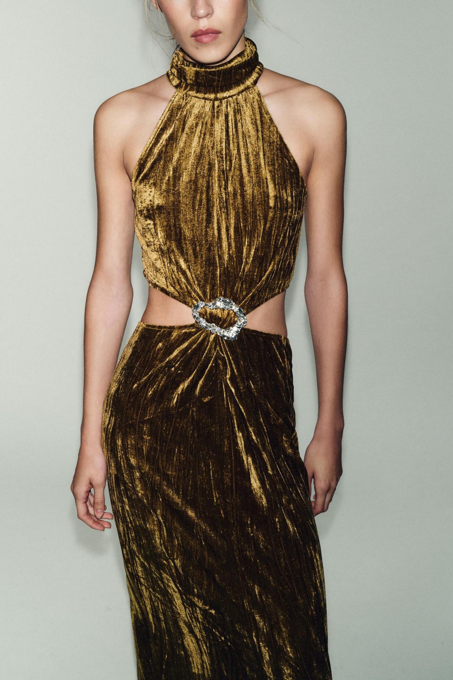 Velvet Halter Neck Cut-Out Maxi Dress