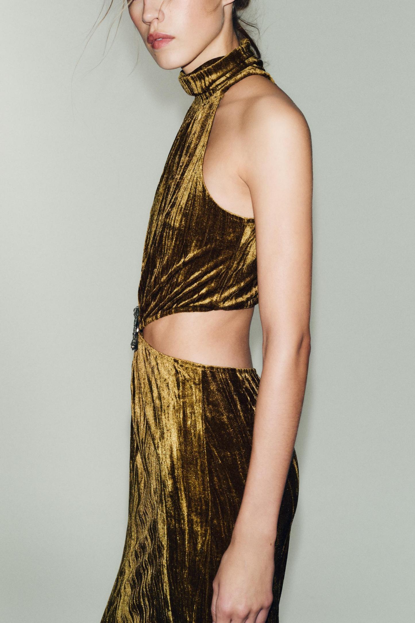 Velvet Halter Neck Cut-Out Maxi Dress