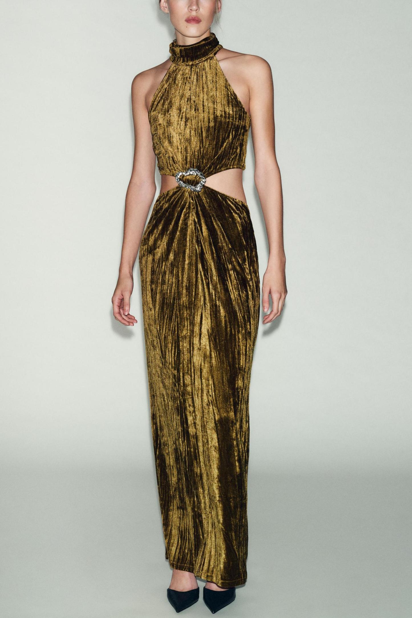 Velvet Halter Neck Cut-Out Maxi Dress