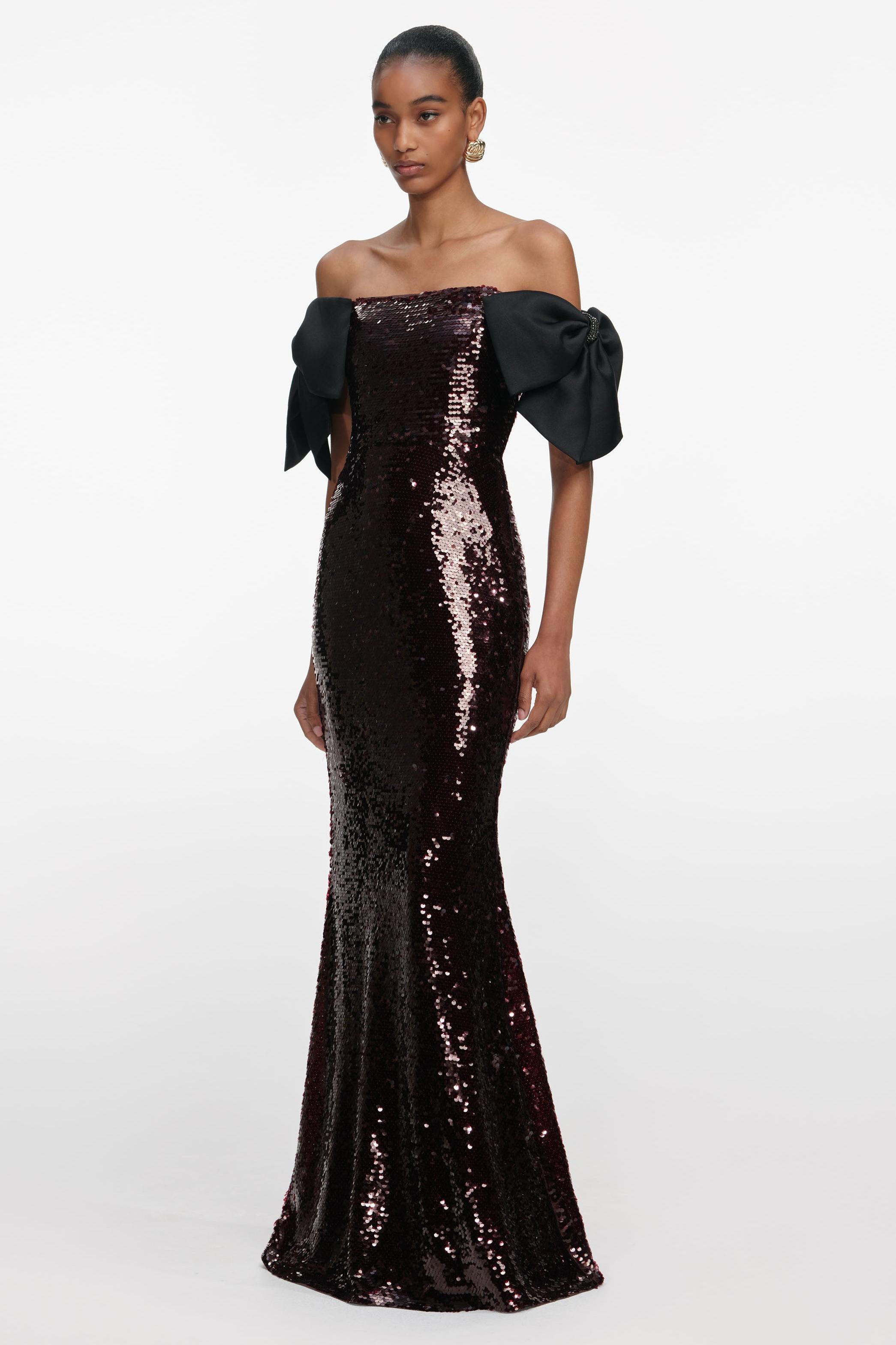 Sequin Off-Shoulder Bow Maxi Dress
