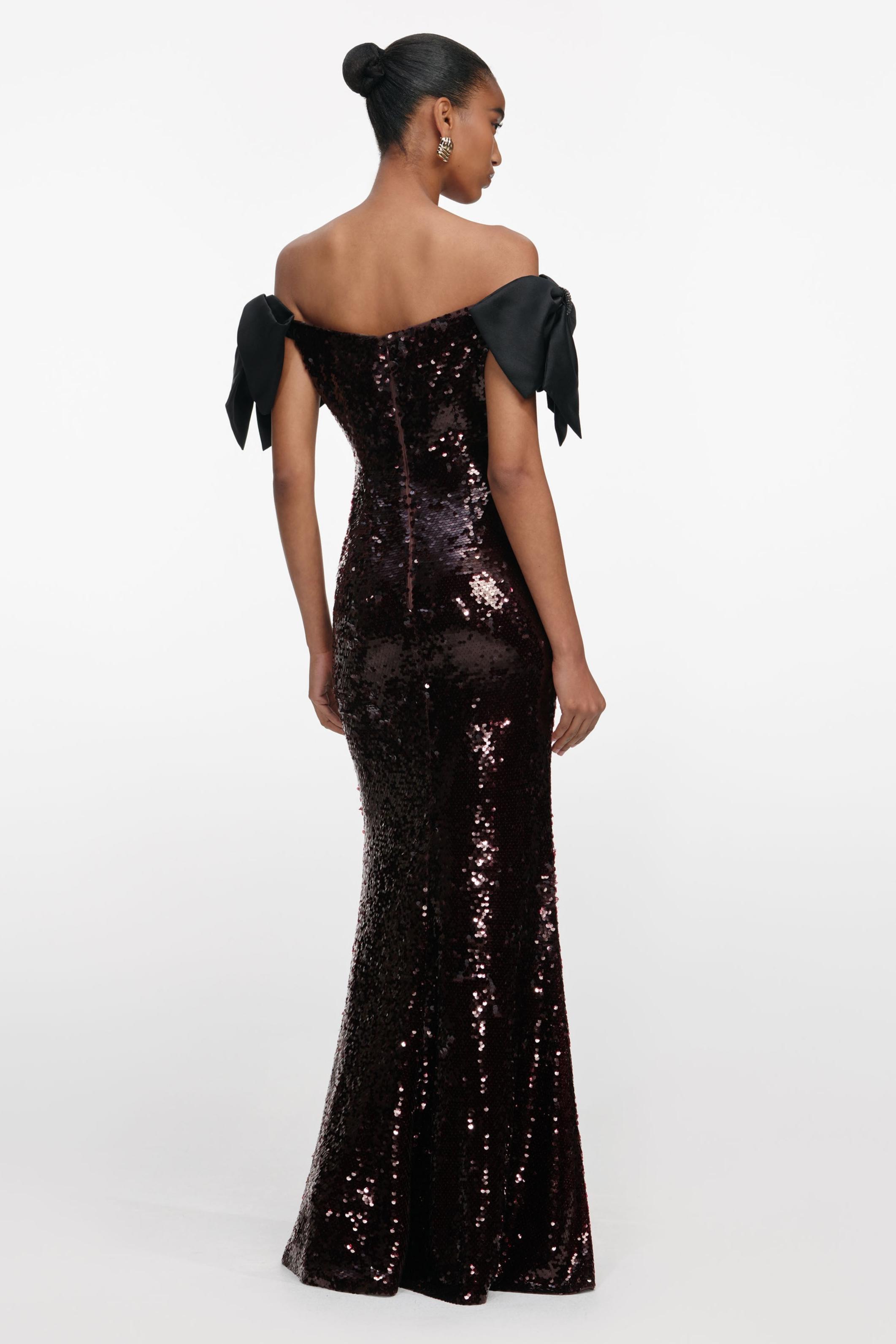 Sequin Off-Shoulder Bow Maxi Dress