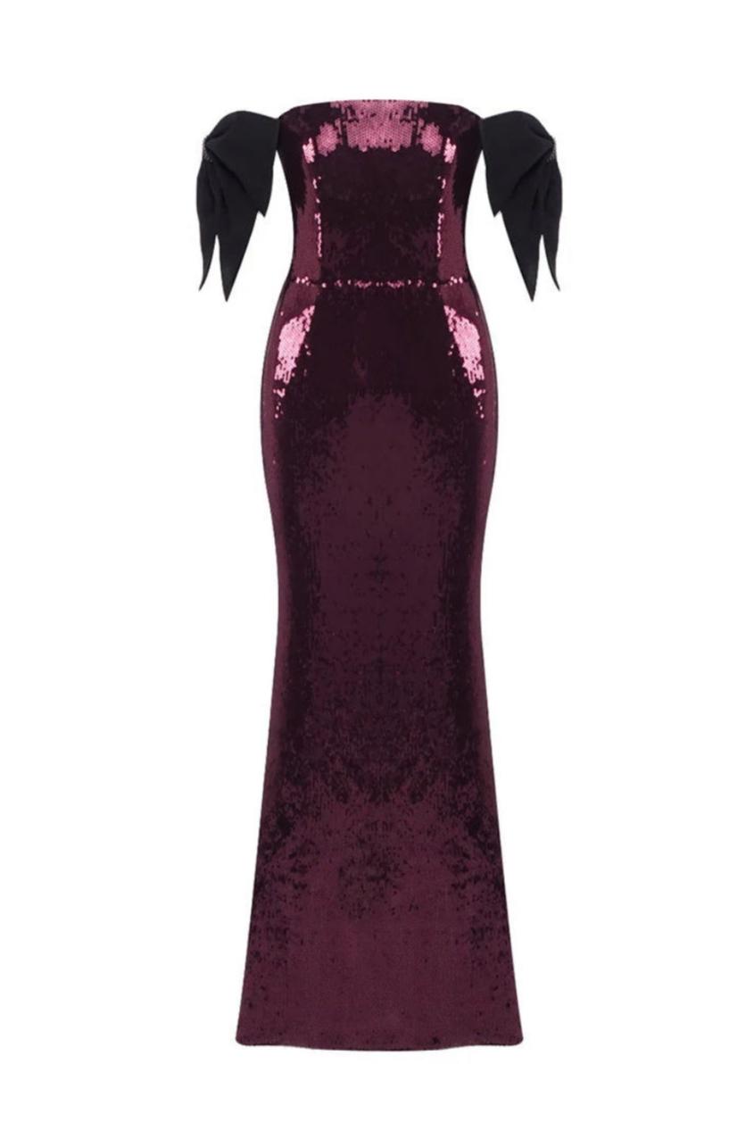 Sequin Off-Shoulder Bow Maxi Dress