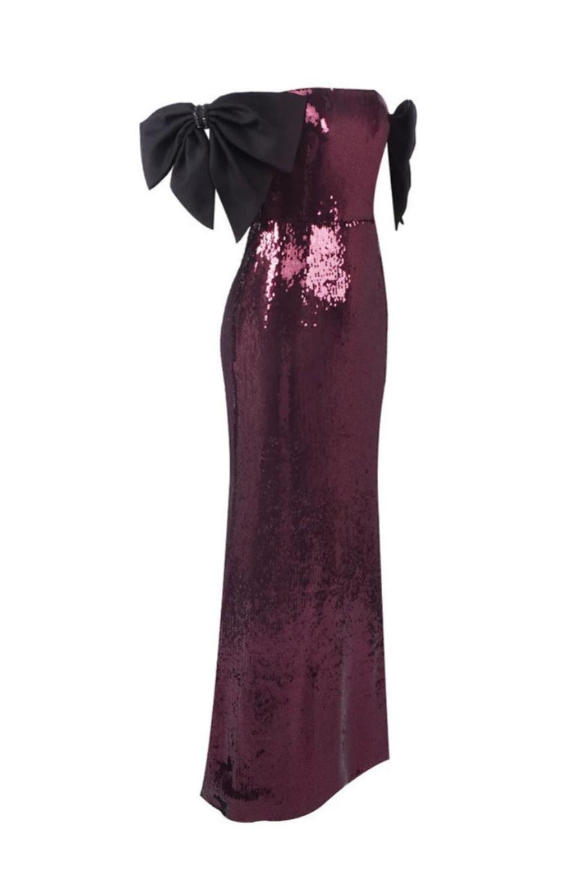 Sequin Off-Shoulder Bow Maxi Dress