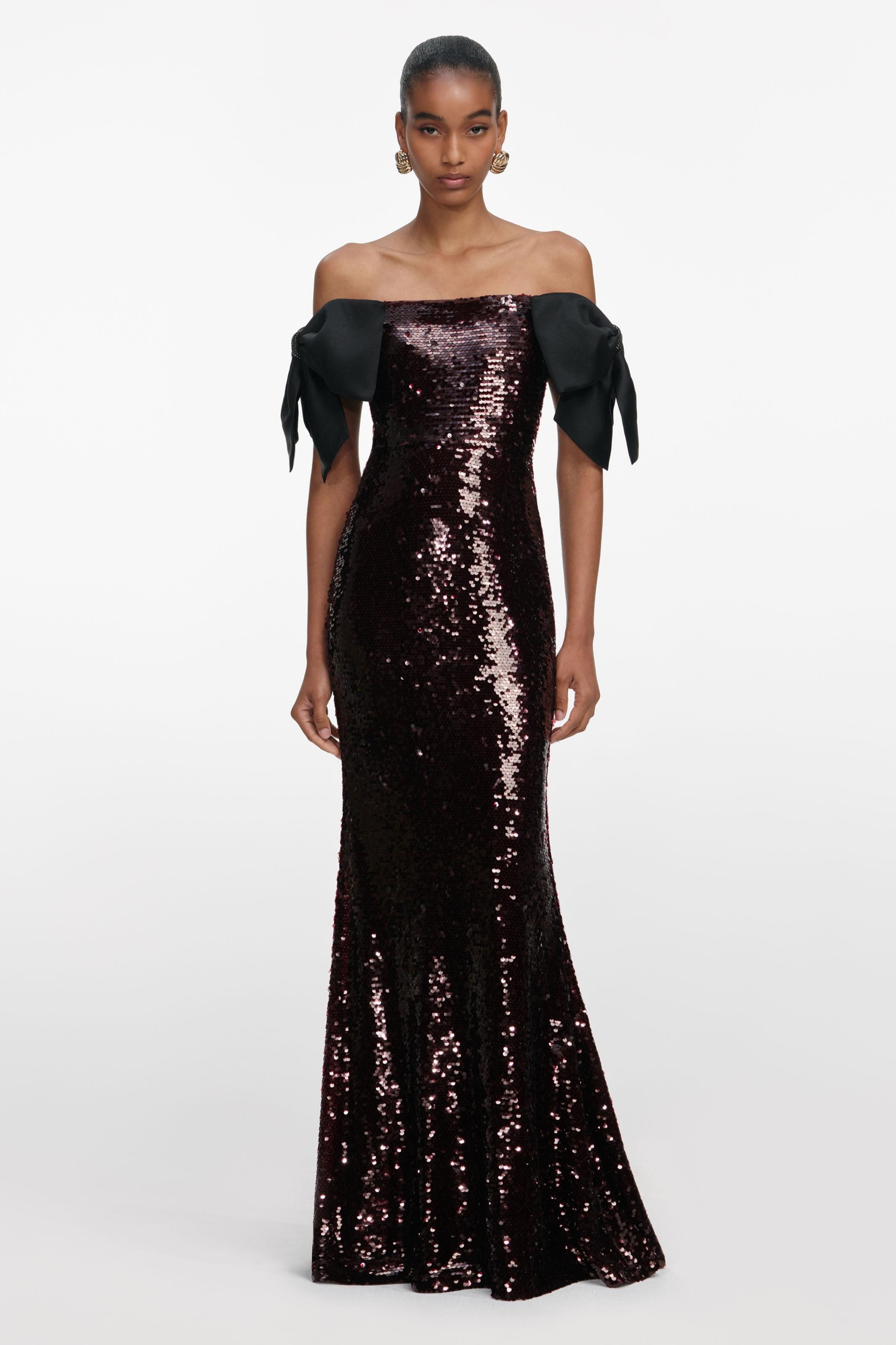 Sequin Off-Shoulder Bow Maxi Dress