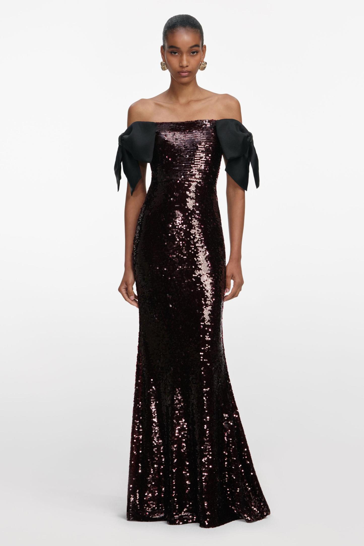 Sequin Off-Shoulder Bow Maxi Dress