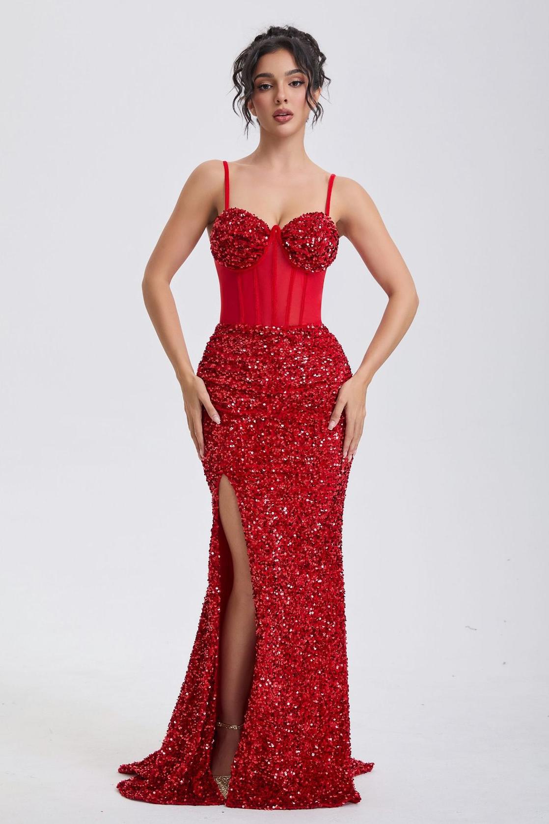 Sequin Splicing Mesh Slit Maxi Dress