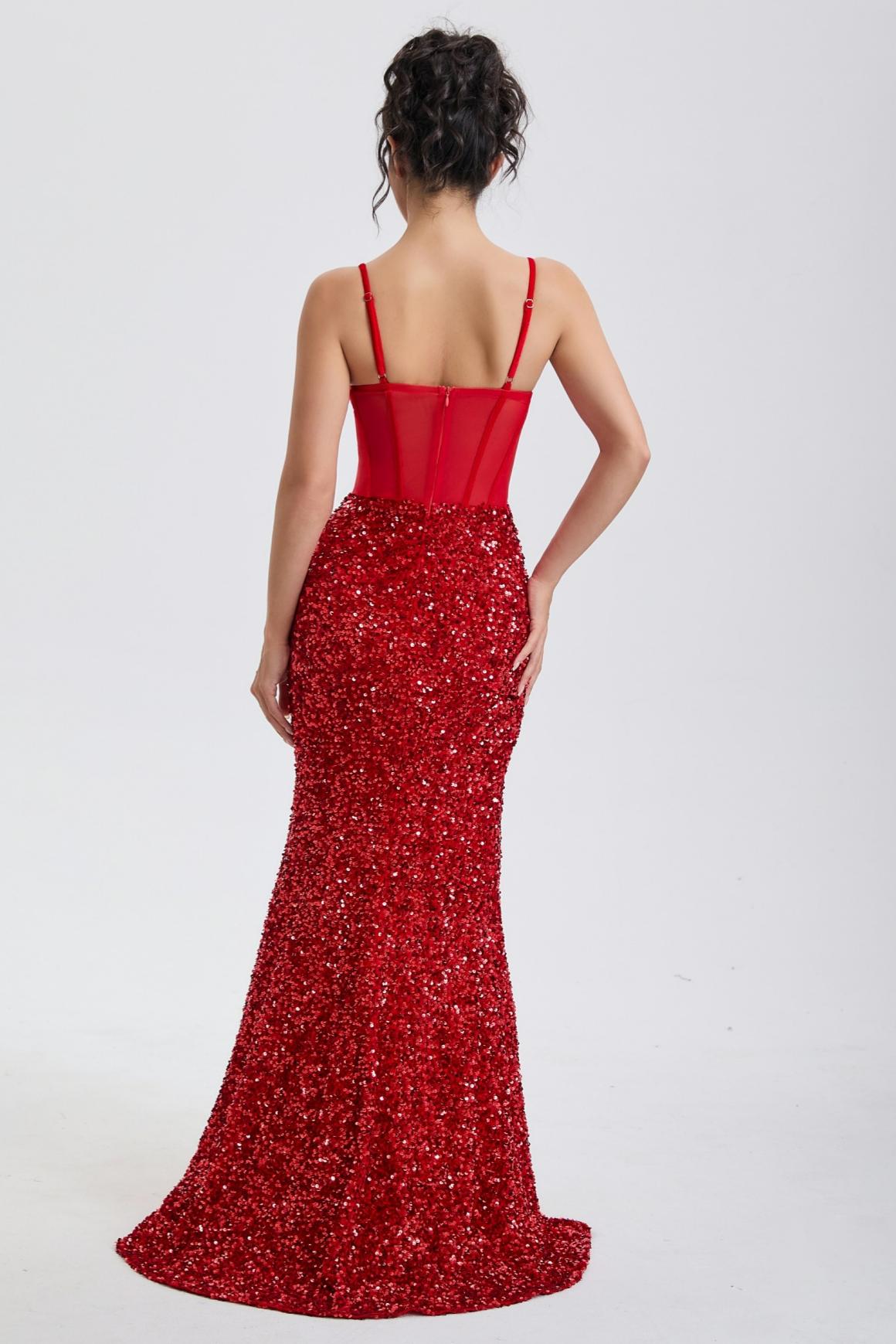 Sequin Splicing Mesh Slit Maxi Dress