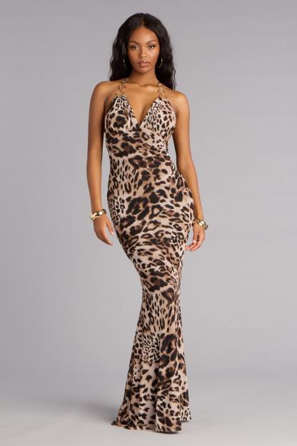 Leopard Print Metal Decorations Halter Neck Maxi Dress