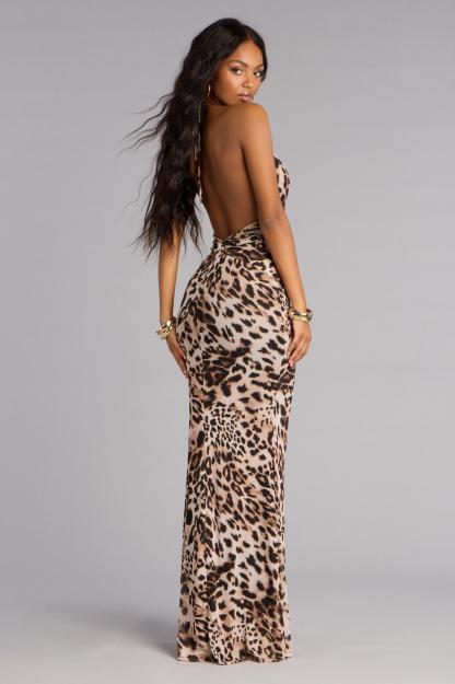 Leopard Print Metal Decorations Halter Neck Maxi Dress