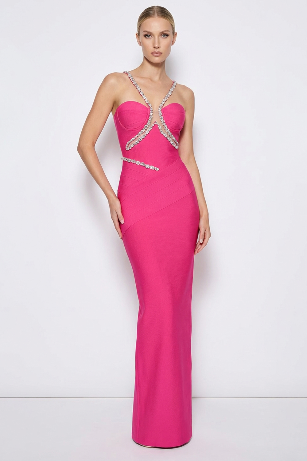 Bandage Rhinestone Slit Maxi Dress