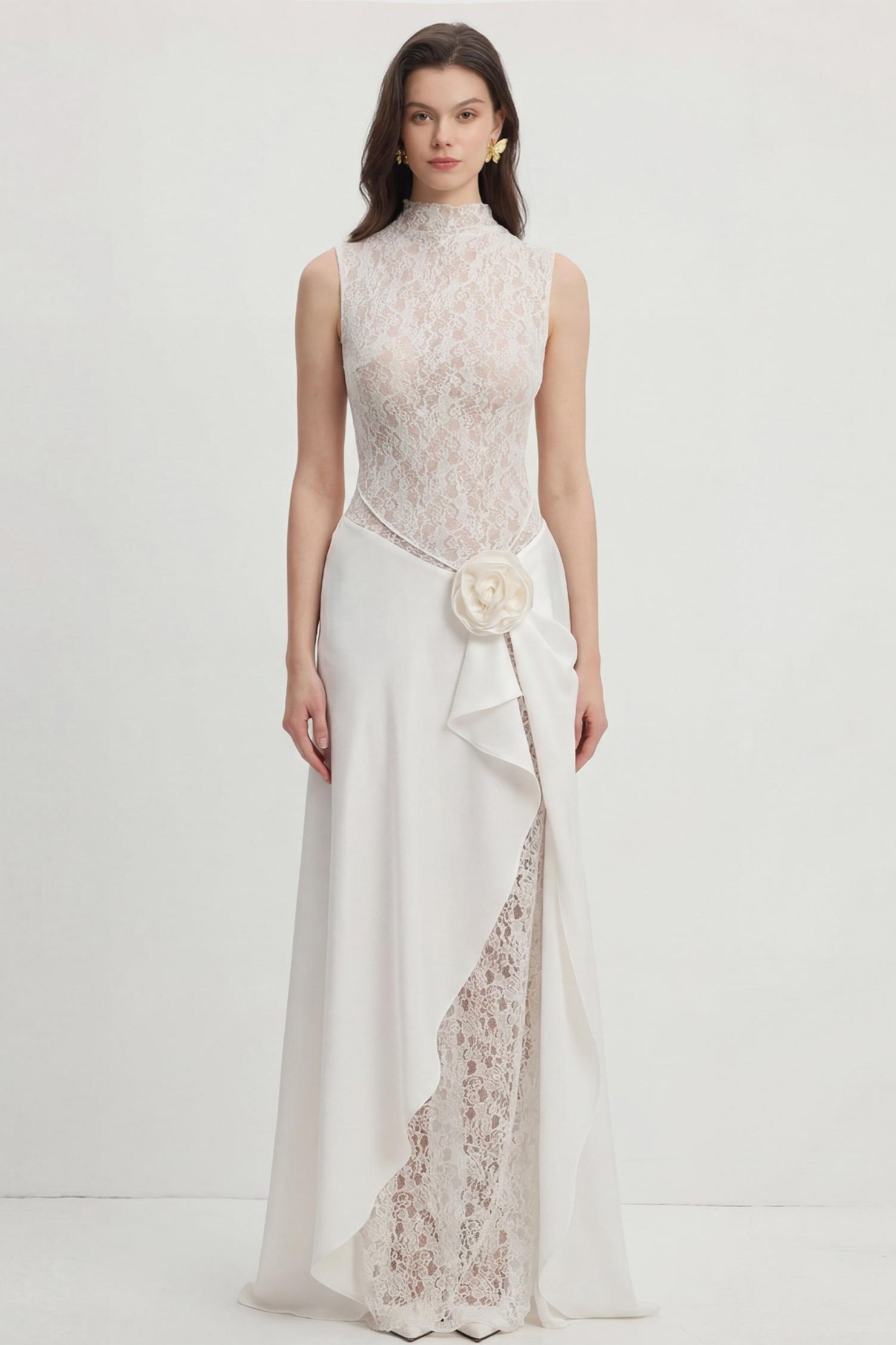 Lace Splicing Satin 3D Flower Maxi Dress