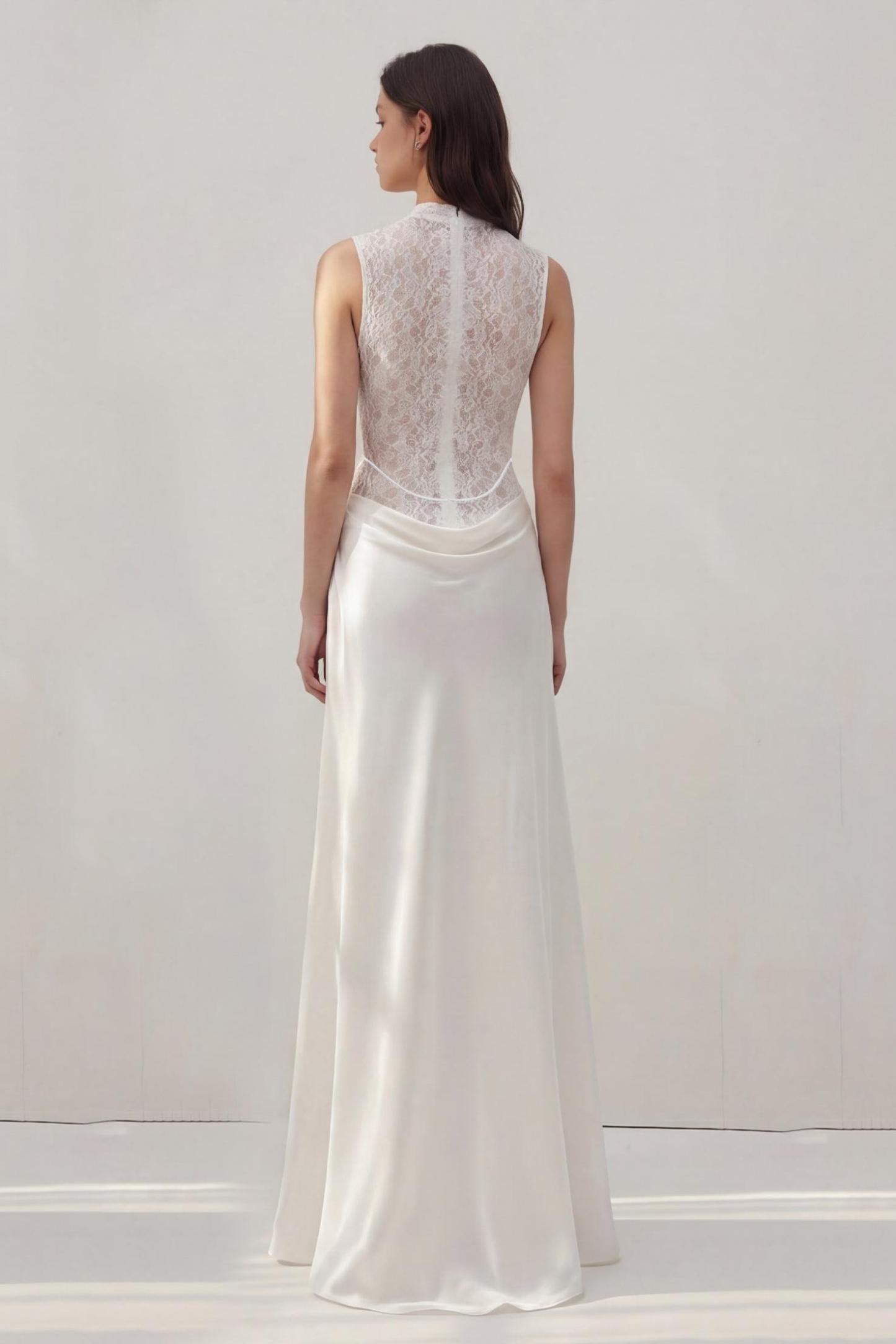 Lace Splicing Satin 3D Flower Maxi Dress