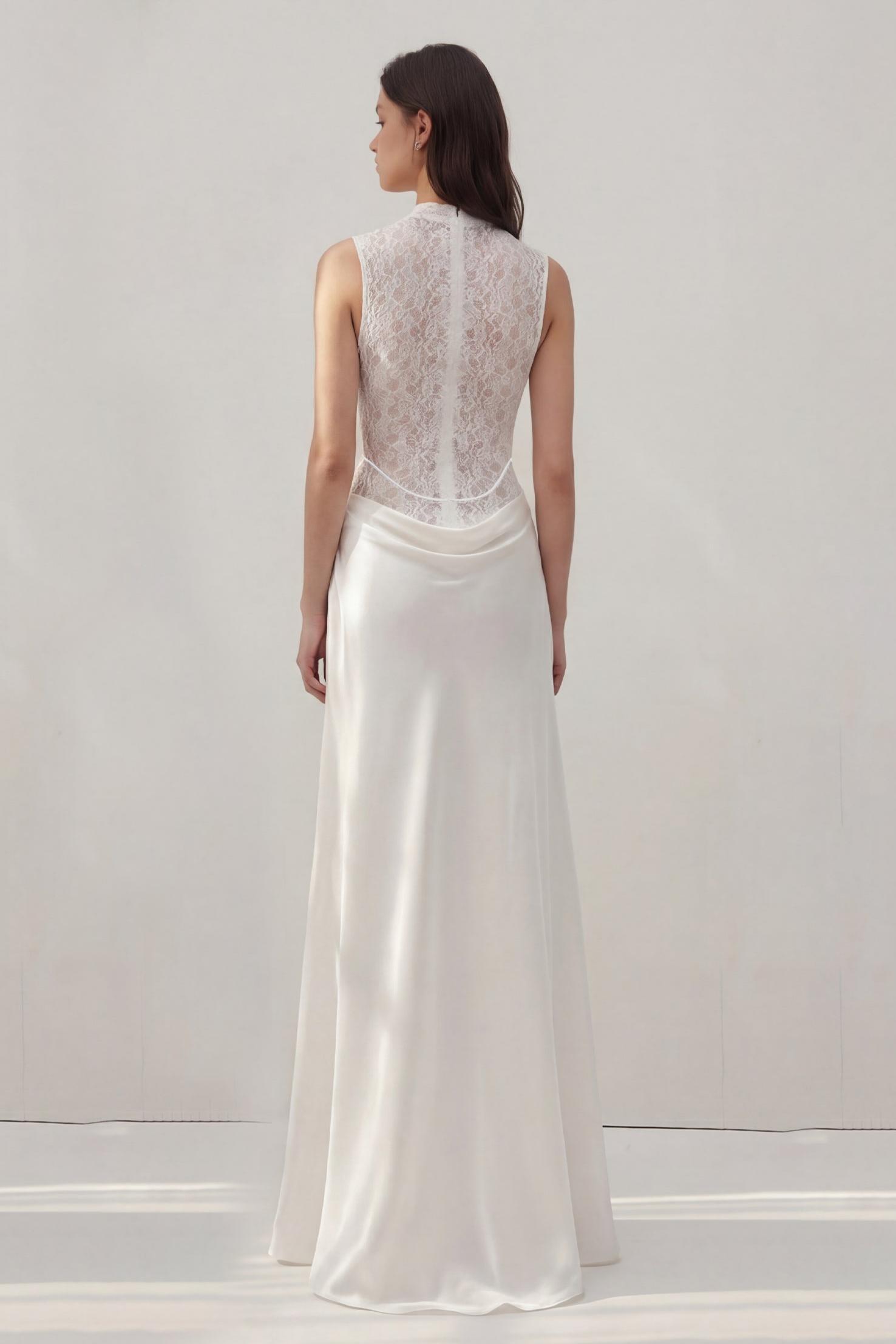 Lace Splicing Satin 3D Flower Maxi Dress