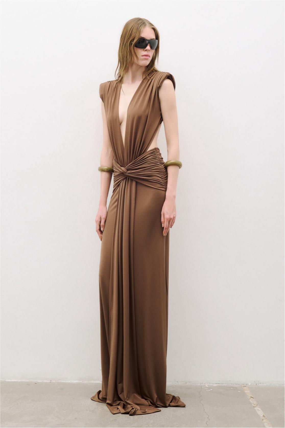 Solid Knotted V-Neck Gathering Maxi Dress