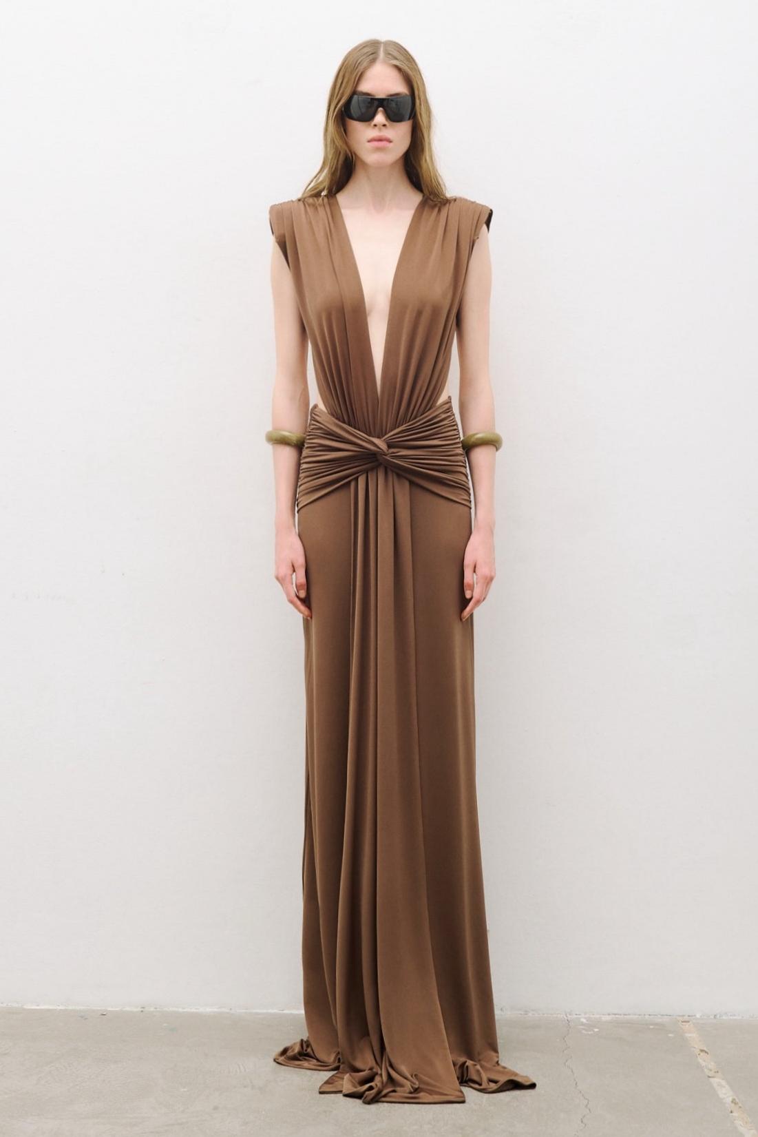 Solid Knotted V-Neck Gathering Maxi Dress