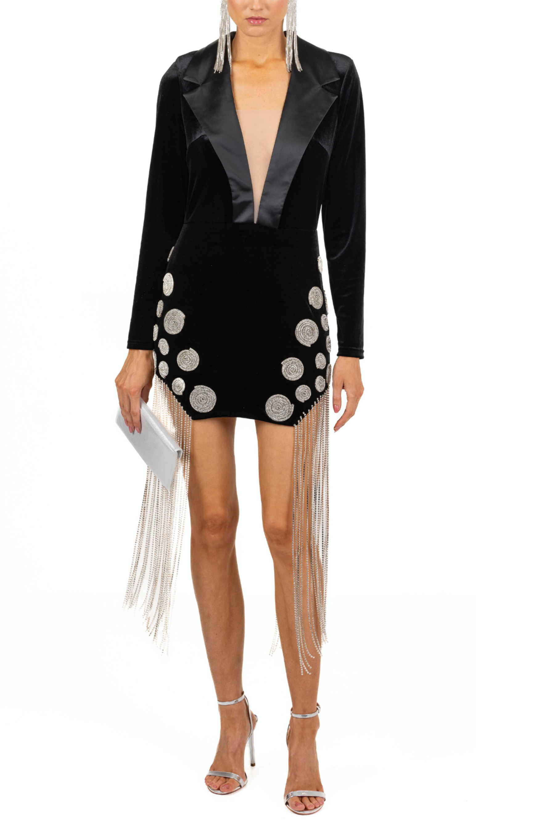 Velvet Rhinestone Tassels Mini Dress