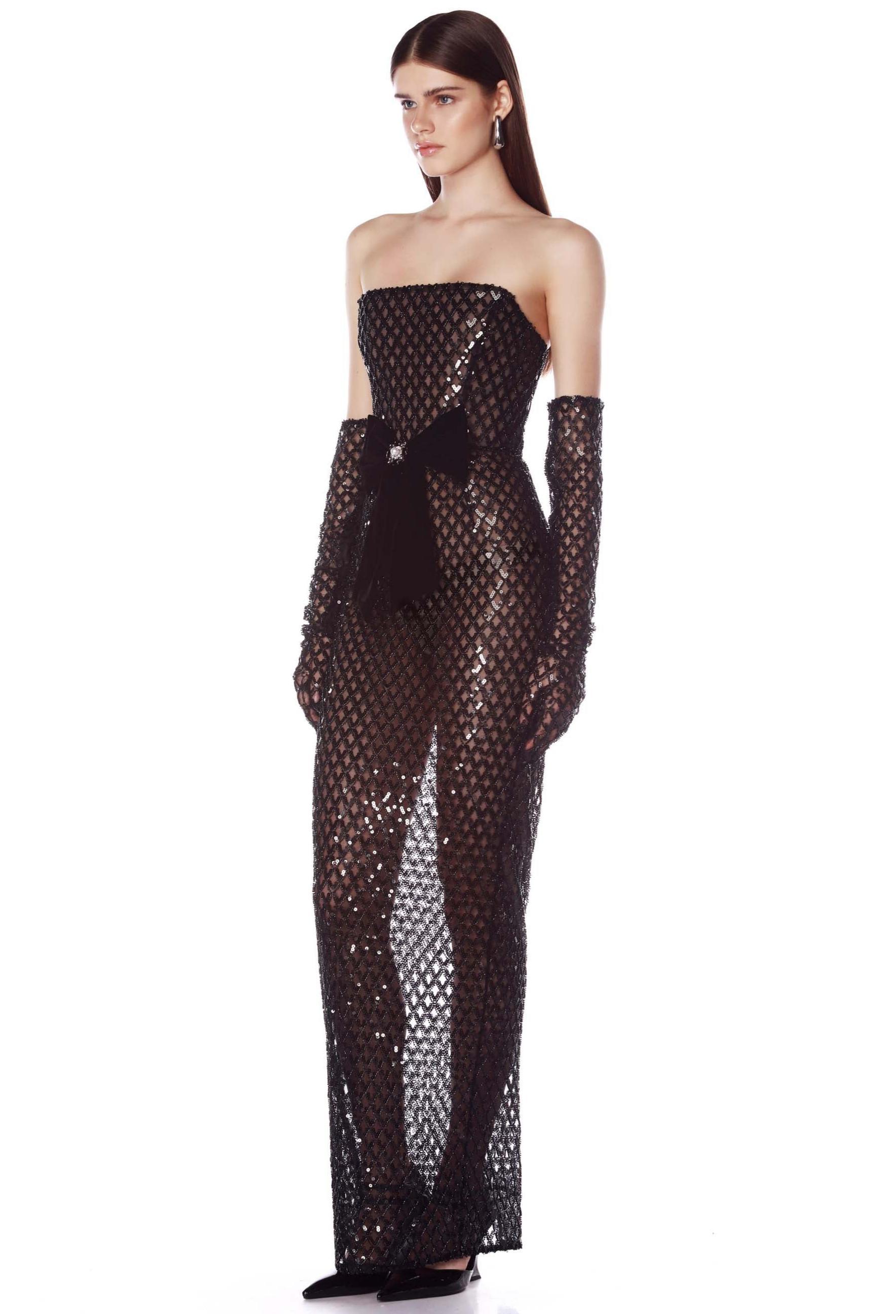 Sequin Bow Off Shoulder Maxi Dress With Gloves