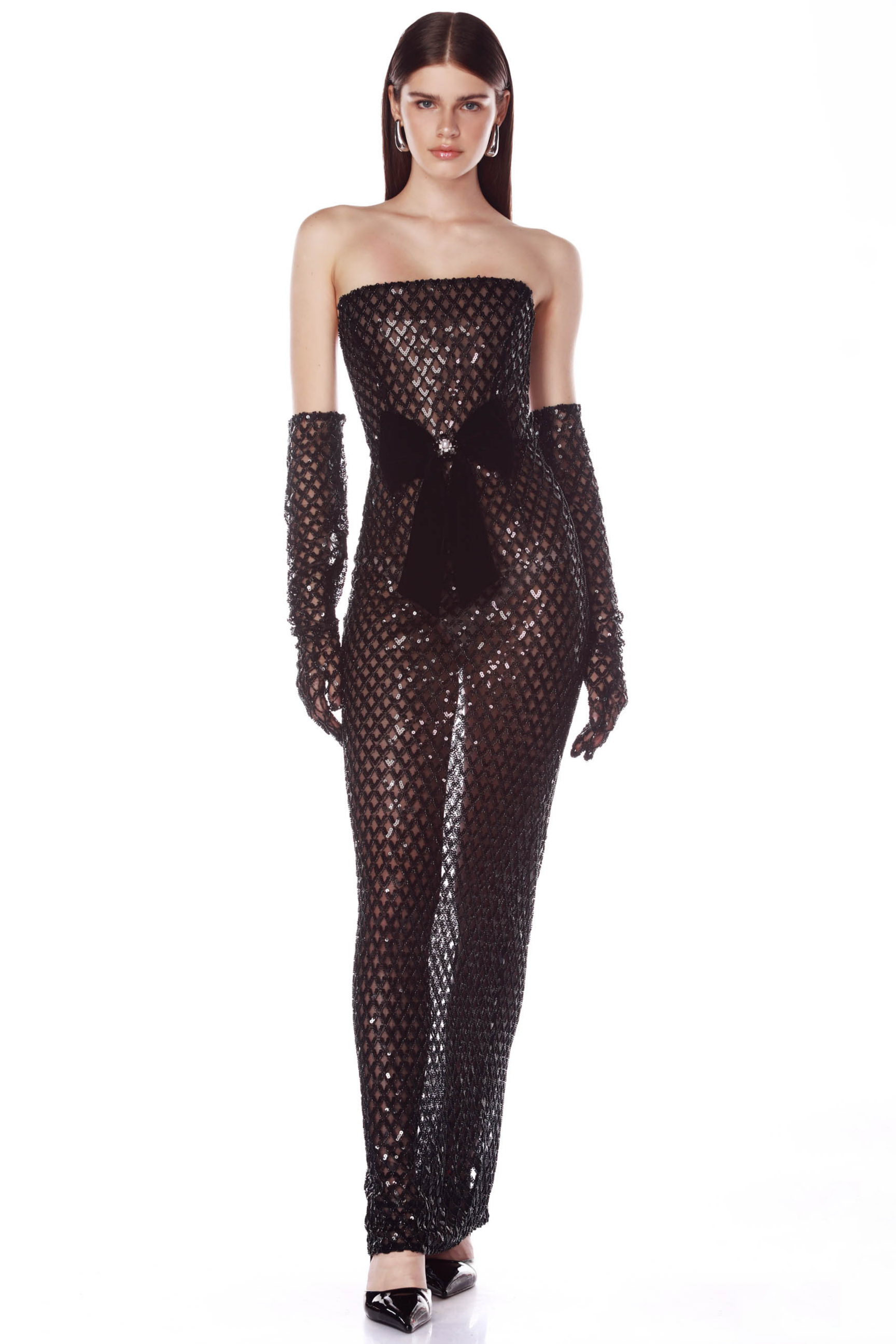 Sequin Bow Off Shoulder Maxi Dress With Gloves