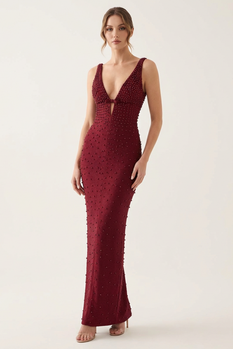 Luxury Rivet V-Neck Maxi Dress