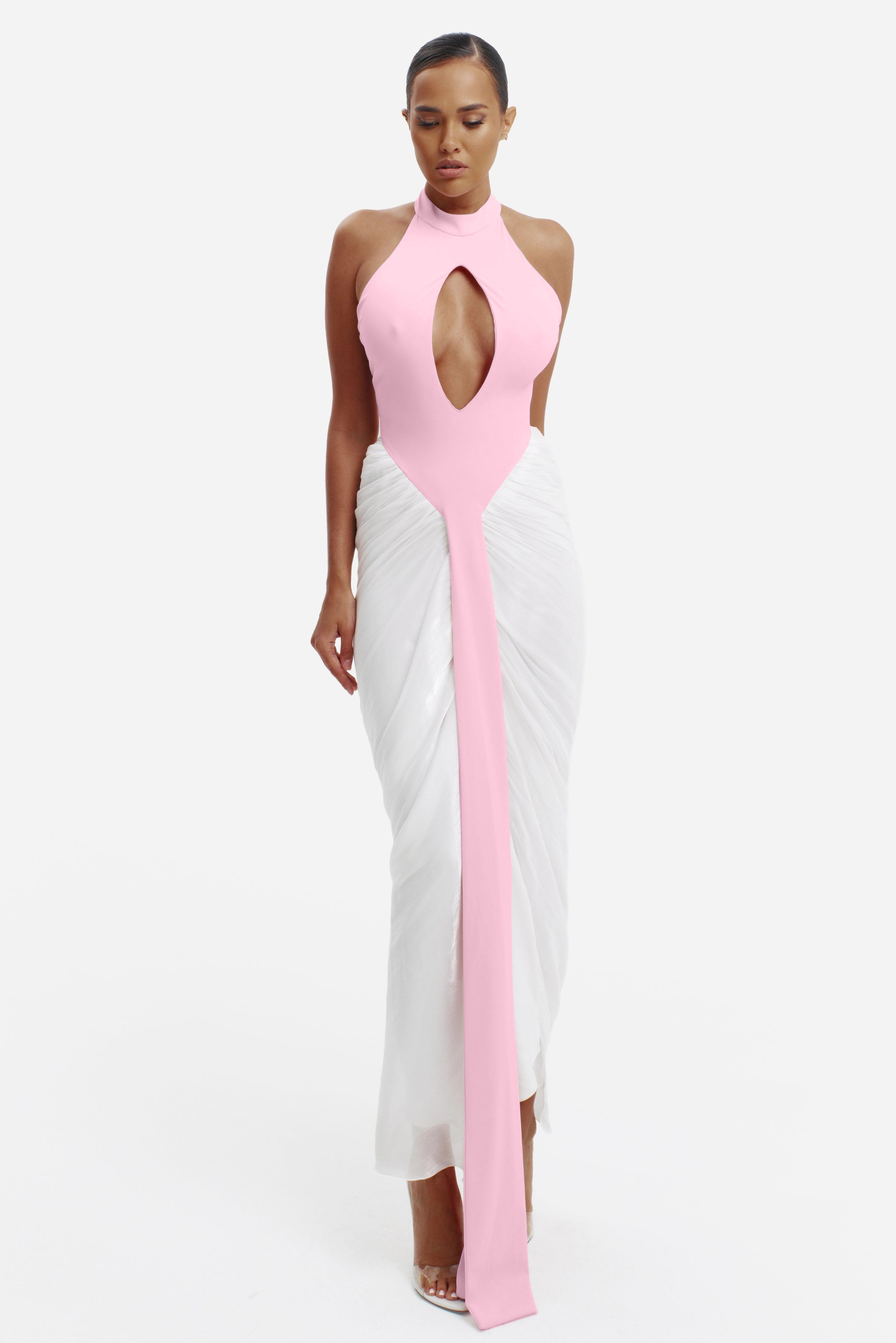 Contrast Color Halter Neck Cut-Out Maxi Dress