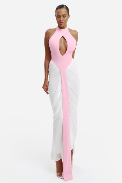 Contrast Color Halter Neck Cut-Out Maxi Dress