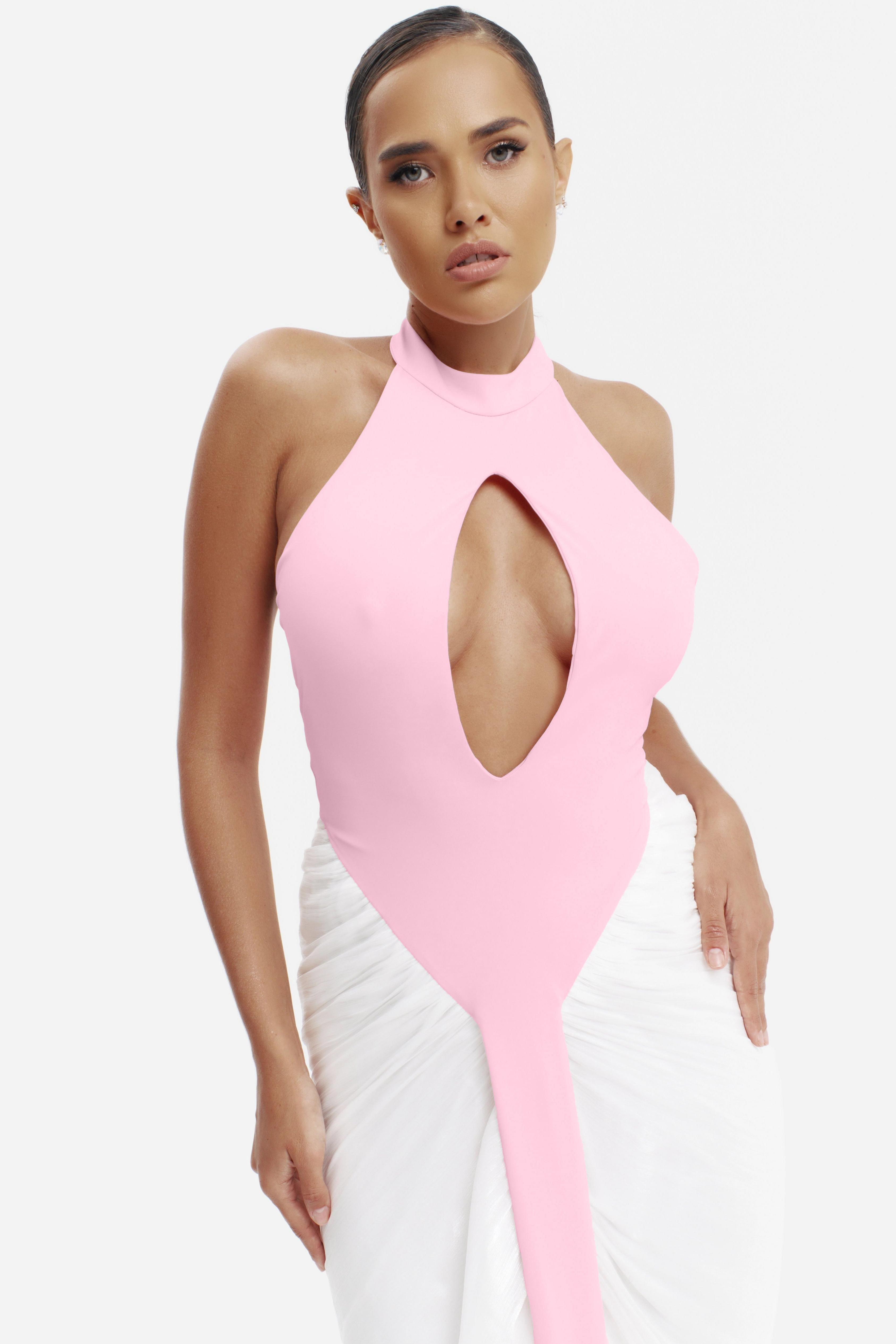 Contrast Color Halter Neck Cut-Out Maxi Dress