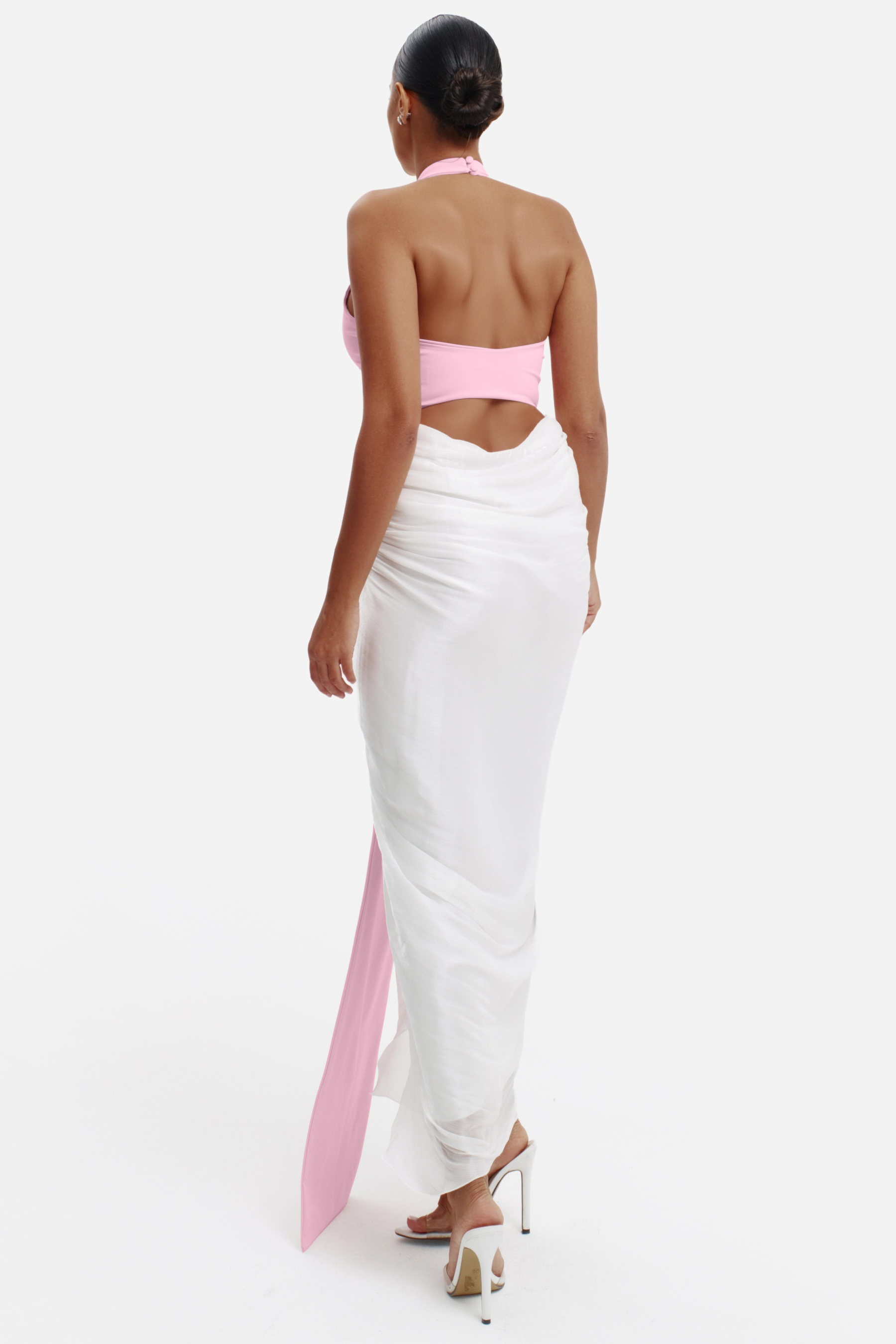 Contrast Color Halter Neck Cut-Out Maxi Dress