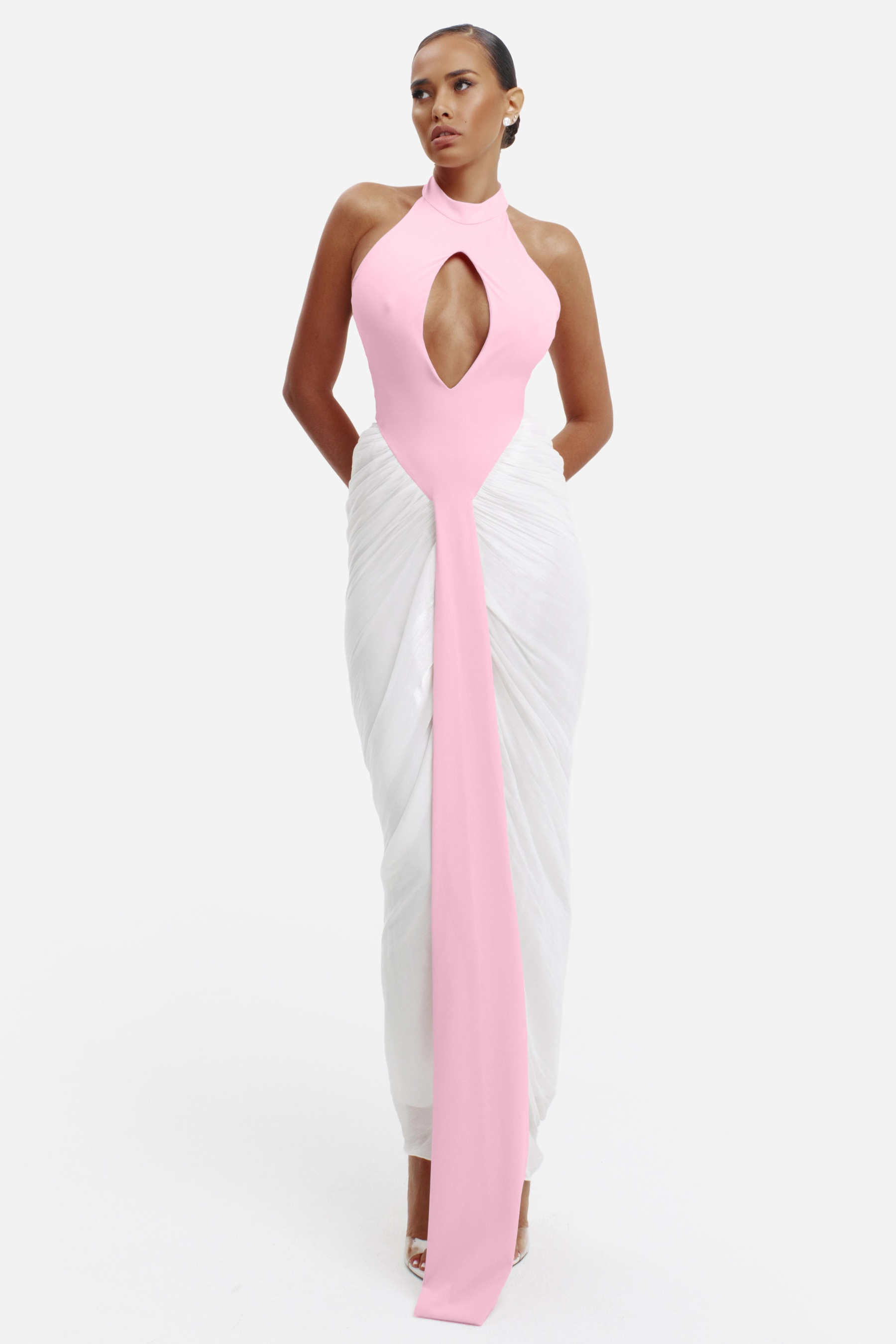 Contrast Color Halter Neck Cut-Out Maxi Dress