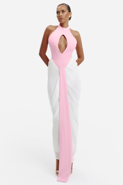 Contrast Color Halter Neck Cut-Out Maxi Dress