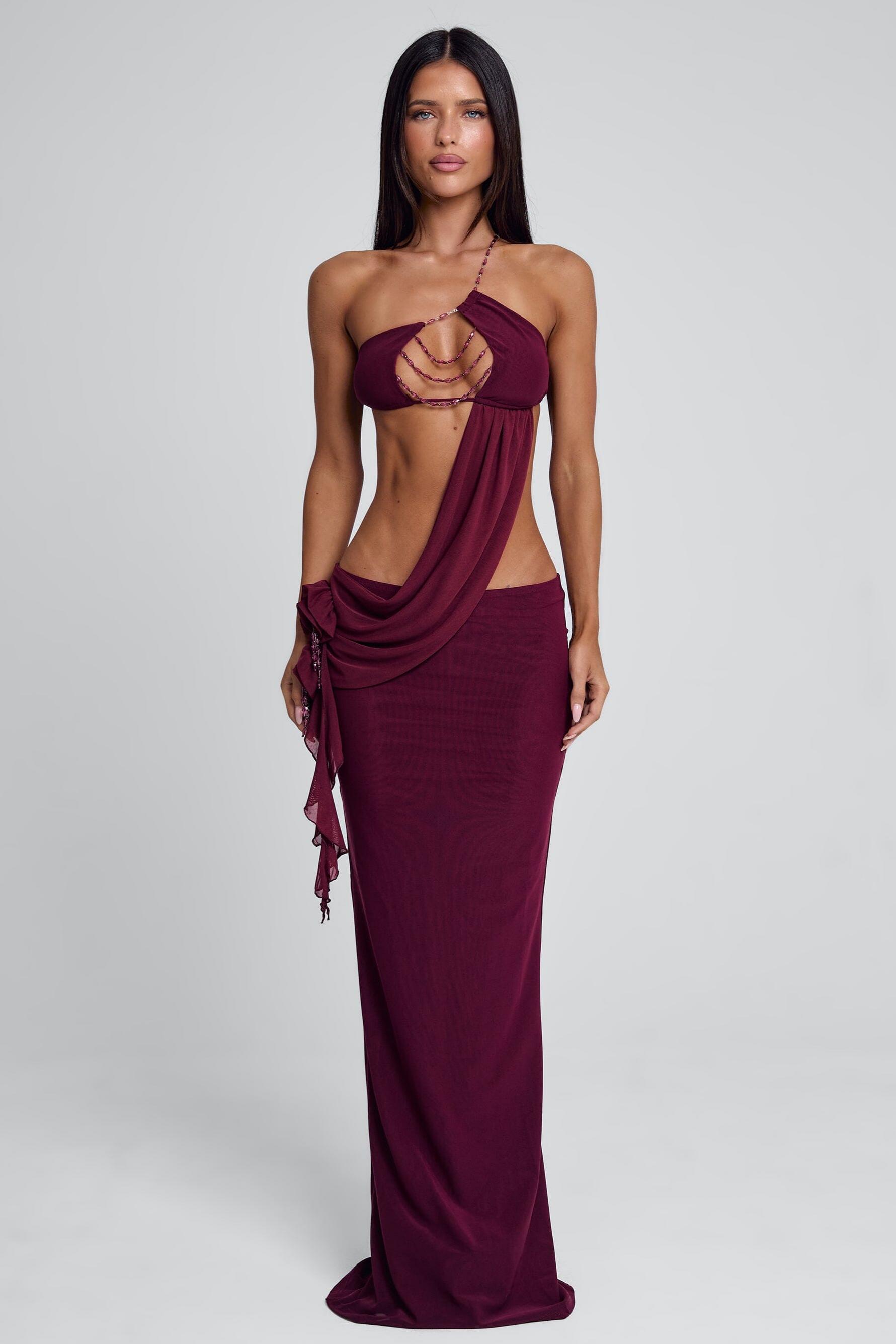 Mesh 3D Flower Beaded Maxi Dress