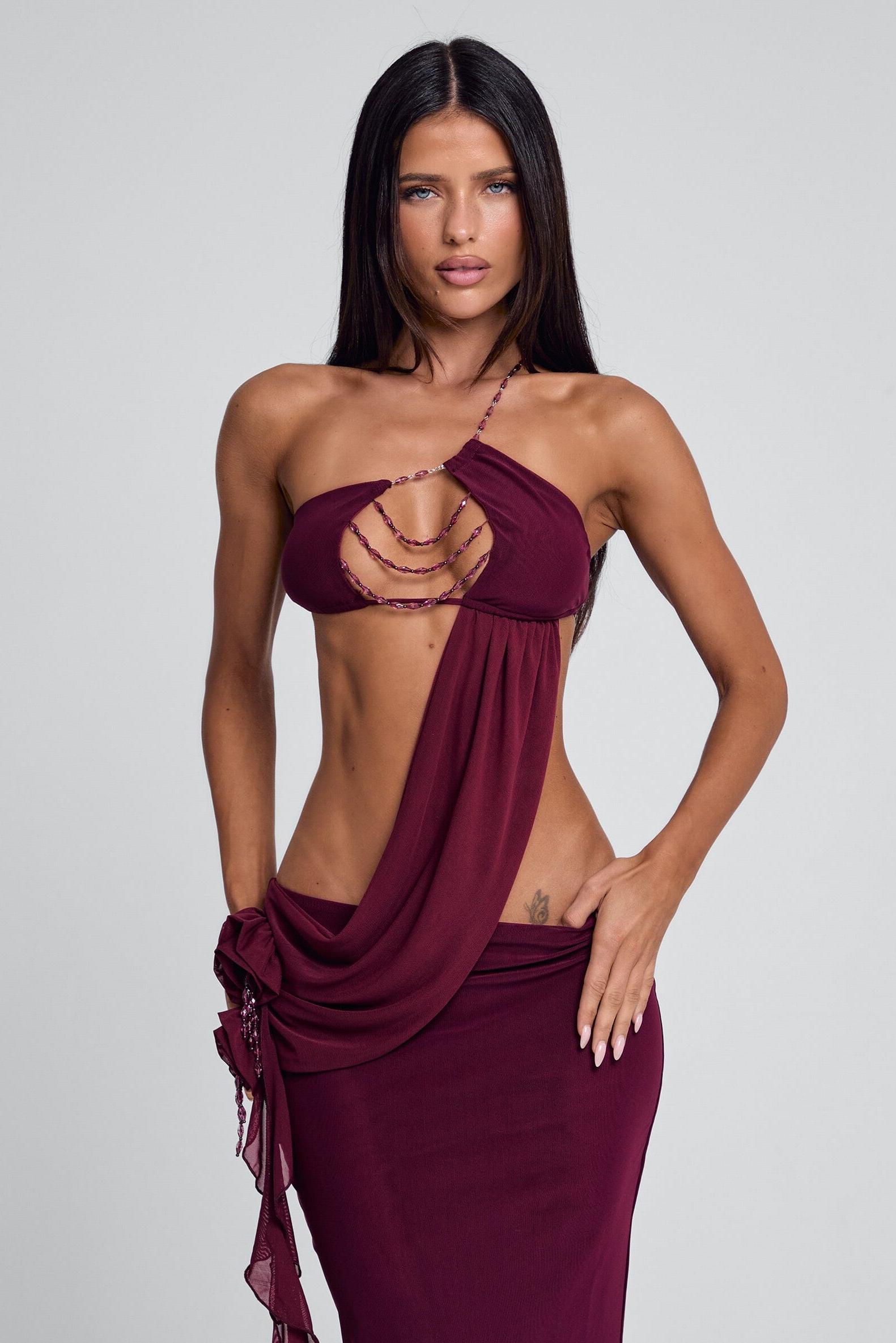 Mesh 3D Flower Beaded Maxi Dress