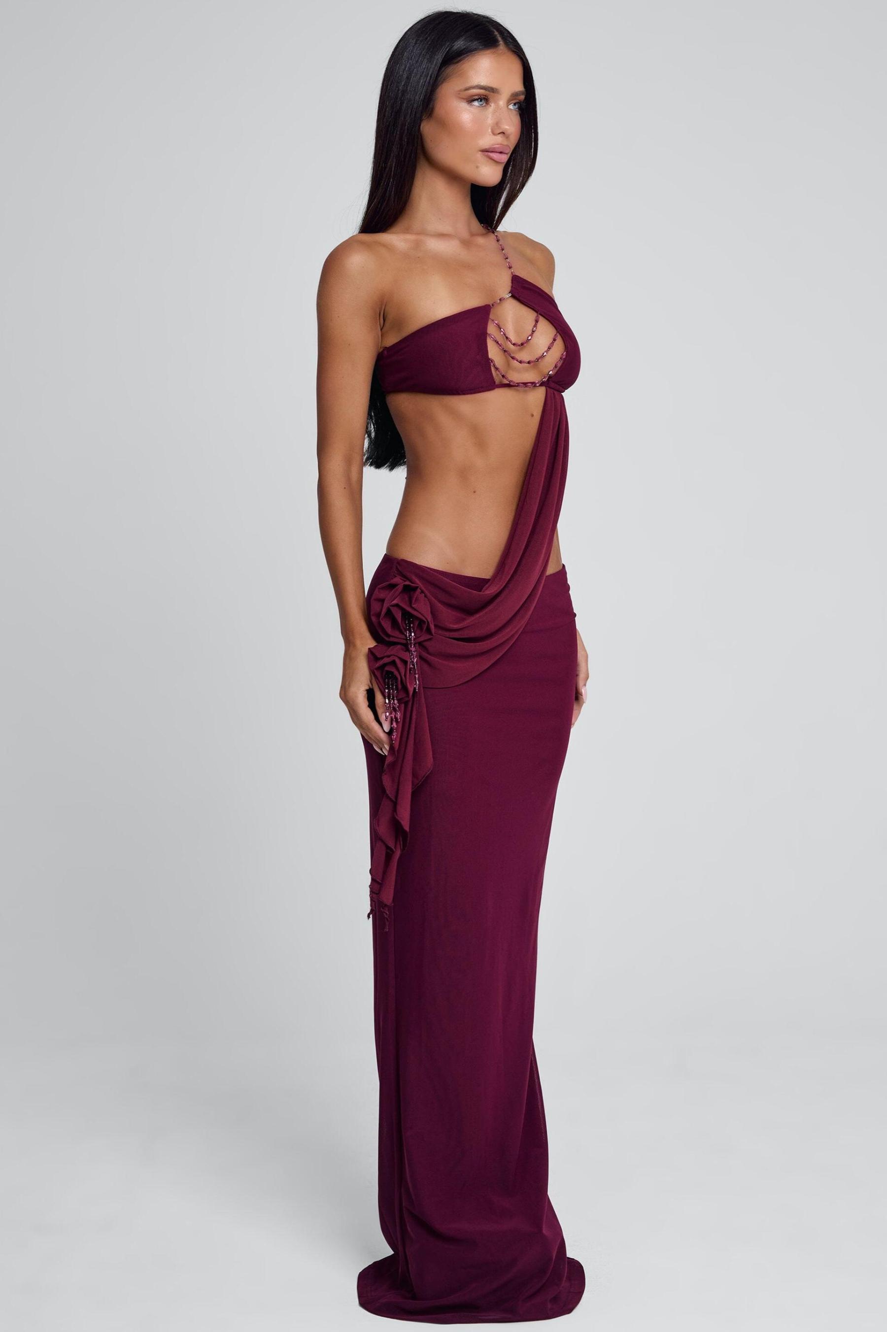 Mesh 3D Flower Beaded Maxi Dress