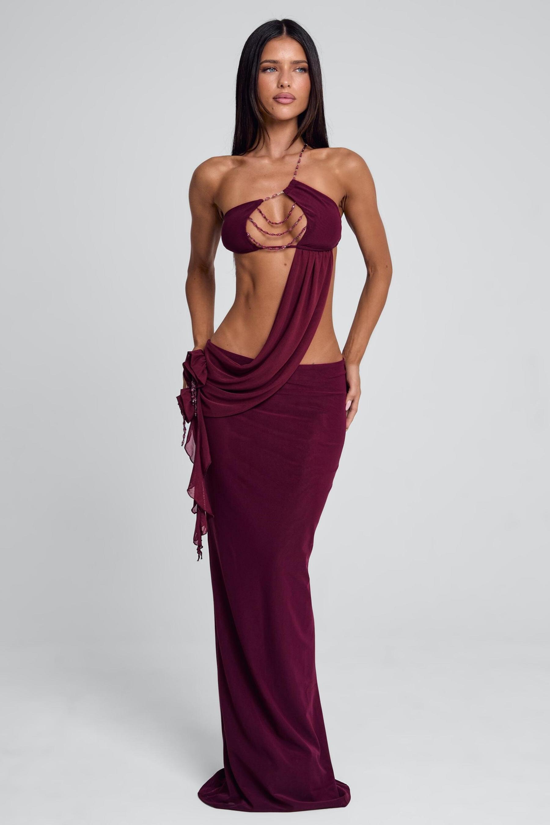 Mesh 3D Flower Beaded Maxi Dress