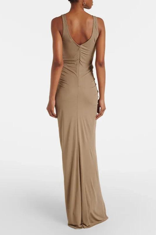 Jersey Asymmetrical Neck Gathering Maxi Dress