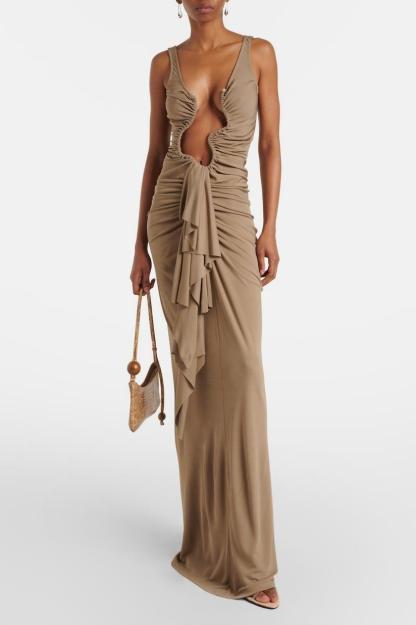 Jersey Asymmetrical Neck Gathering Maxi Dress