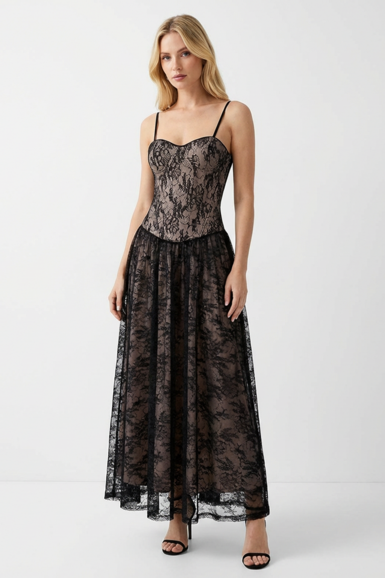Lace Sequin Tie-Up Maxi Dress