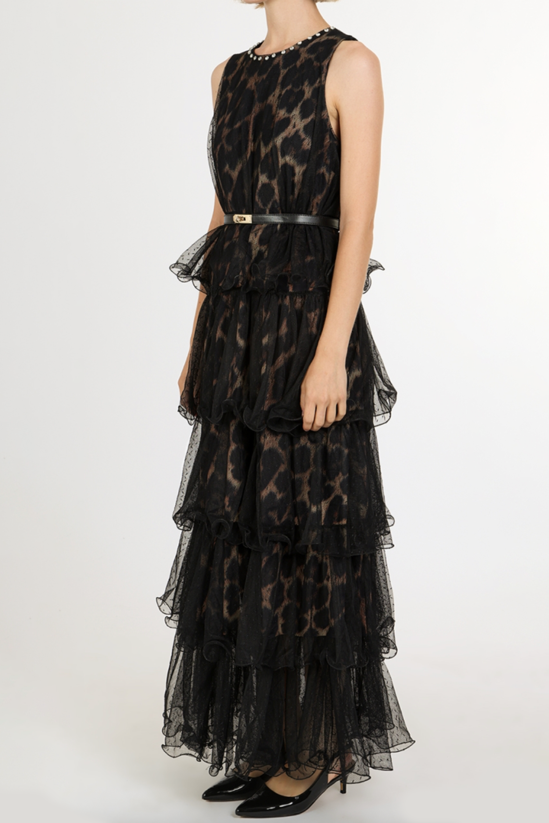 Mesh Leopard Print Rhinestone Rivets Ruffle Maxi Dress With Belt