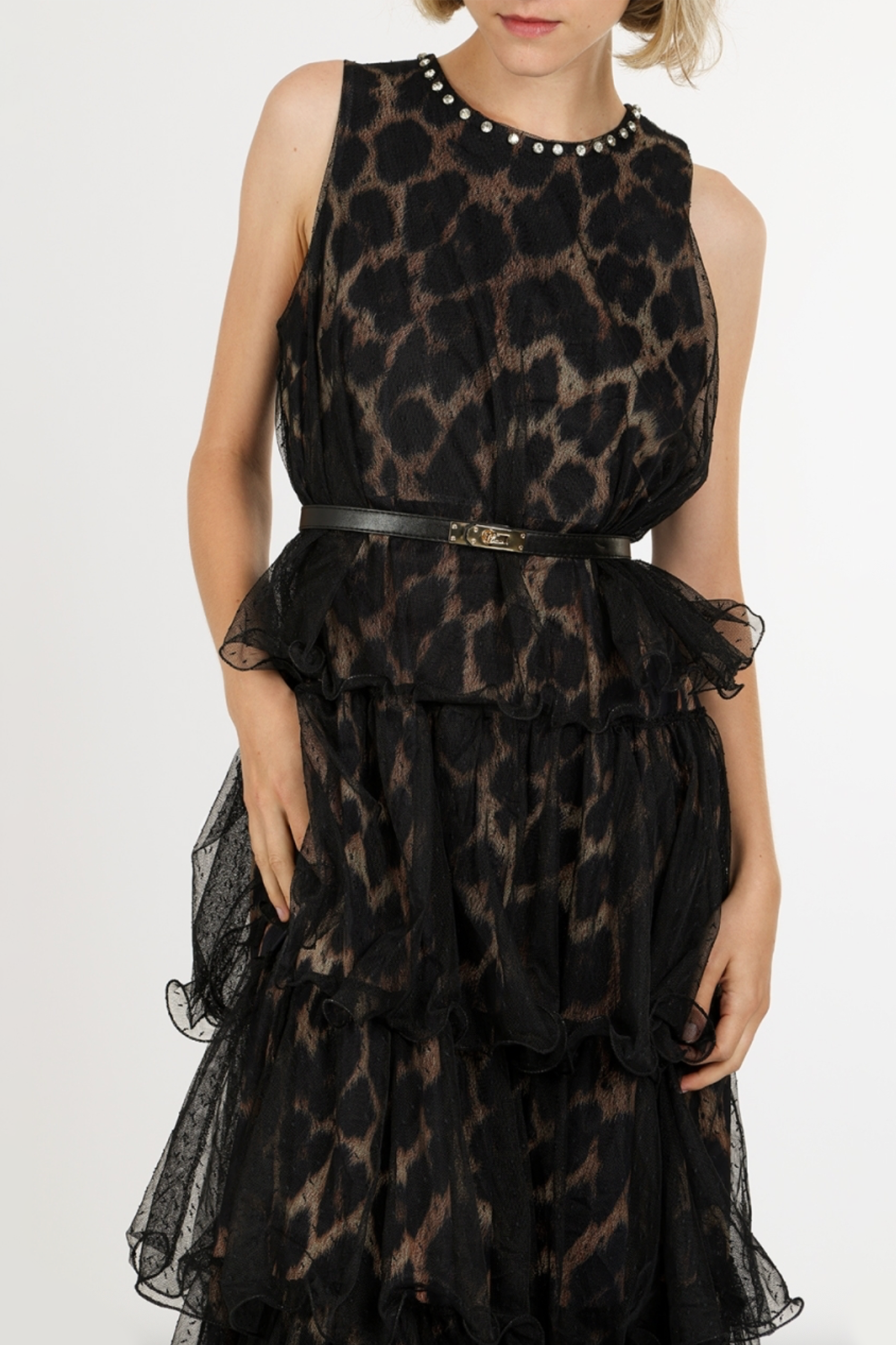 Mesh Leopard Print Rhinestone Rivets Ruffle Maxi Dress With Belt